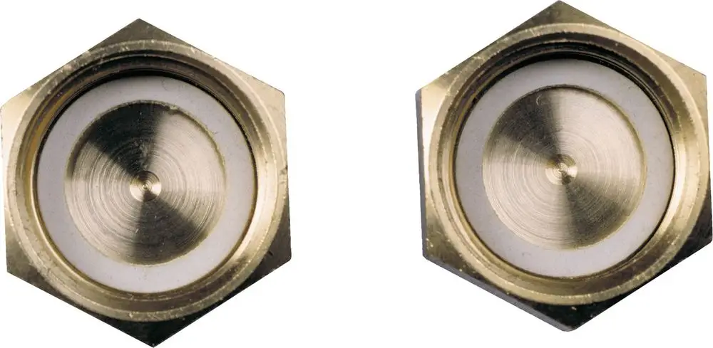 Zwei metallene Verschlusskappen mit einer hexagonalen Form und einer eingelassenen, glatten Fläche. Geeignet als Installationszubehör von Bosch.